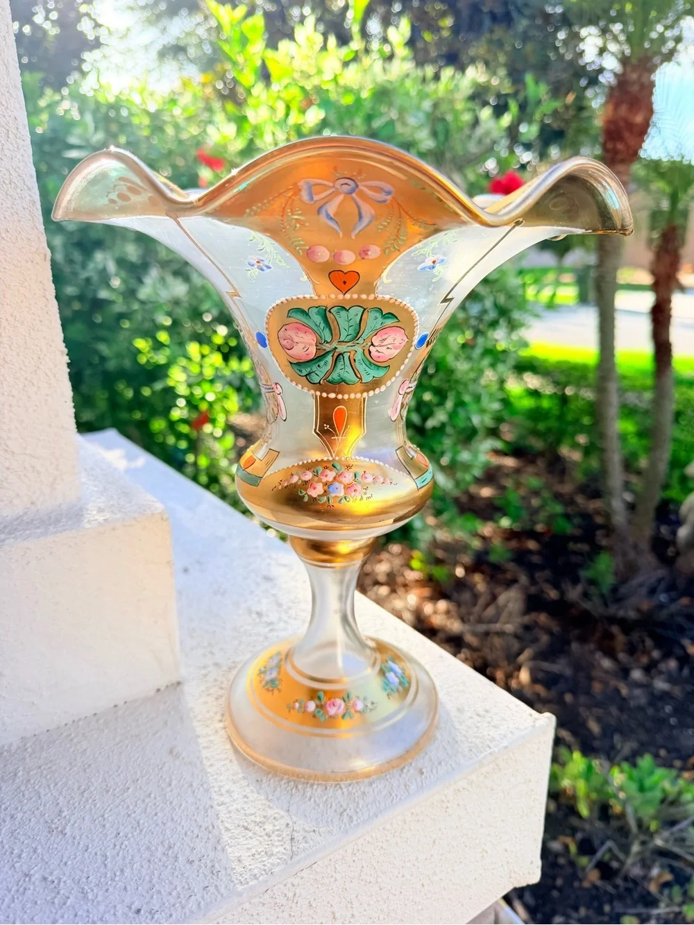 Bohemian Czech Vtg. Satin Glass Pedestal Vase Hand Painted Gold Gilt Ruffled Rim